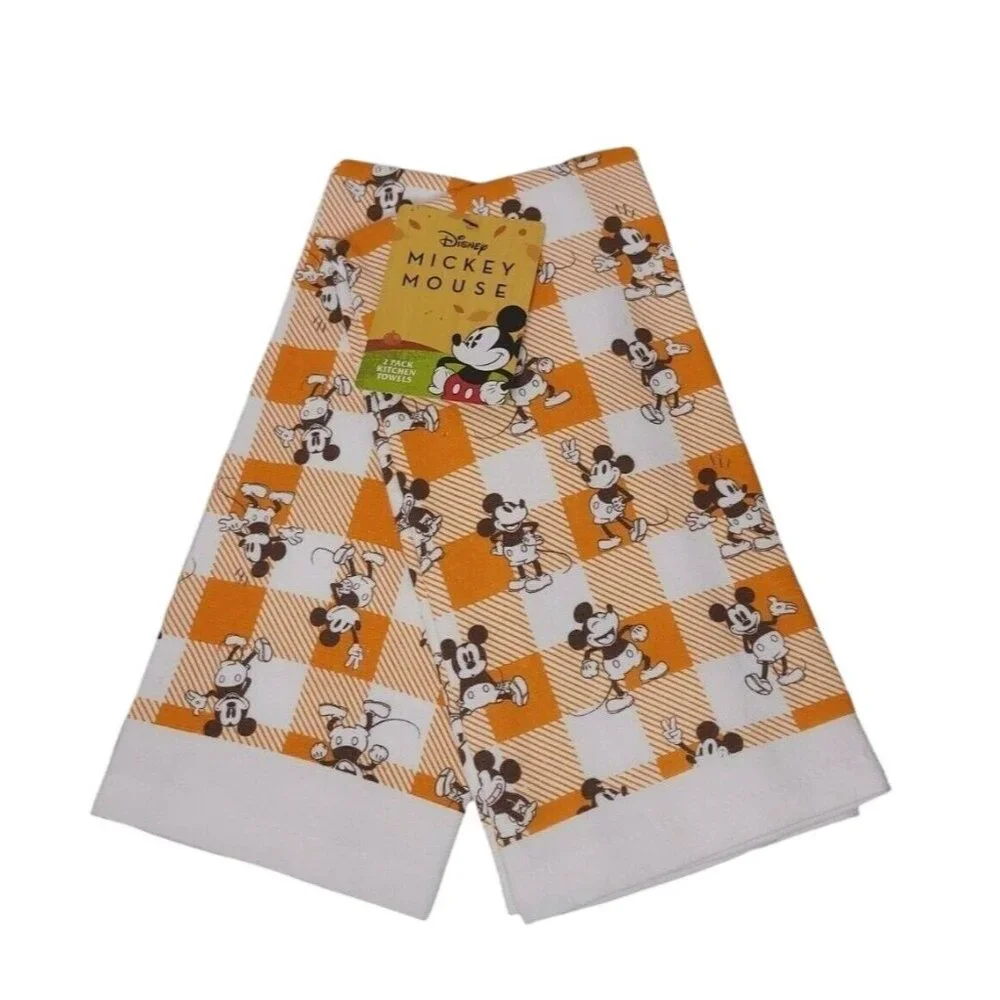 Disney Mickey Mouse Orange & White Gingham Cotton Kitchen Towels Set 16
